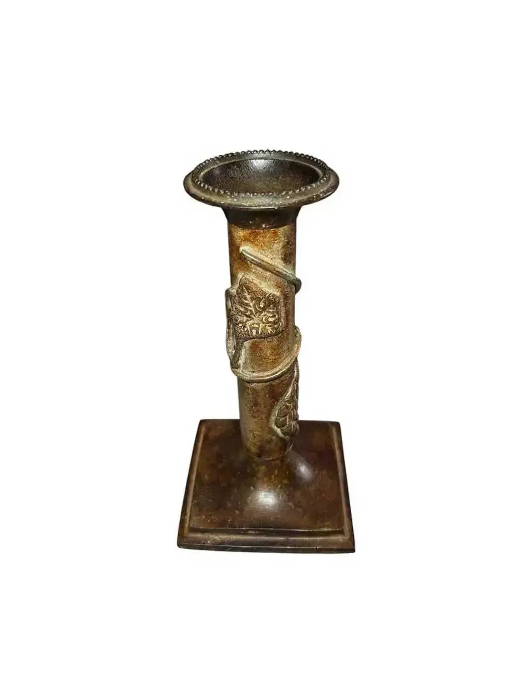 Vintage Aged Bronze Cast Metal Grapevine Candlestick Holder